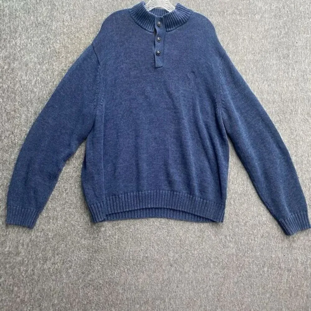 Chaps Men's 2XL Navy Blue Leather Elbow Patches‎ 1/4 Mock Neck Button Grandpa